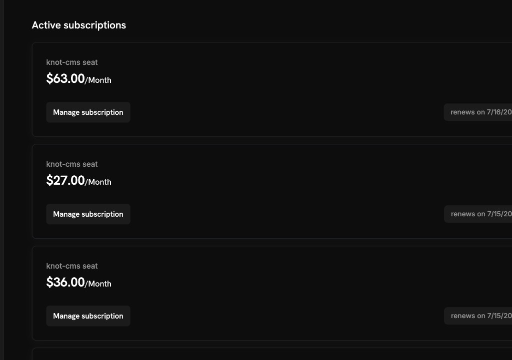 Dodo billing portal with active knot-cms seat subscriptions