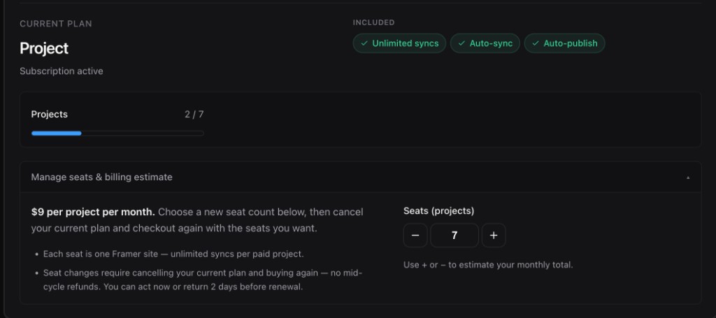 Profile page showing Project plan, usage, and seat management