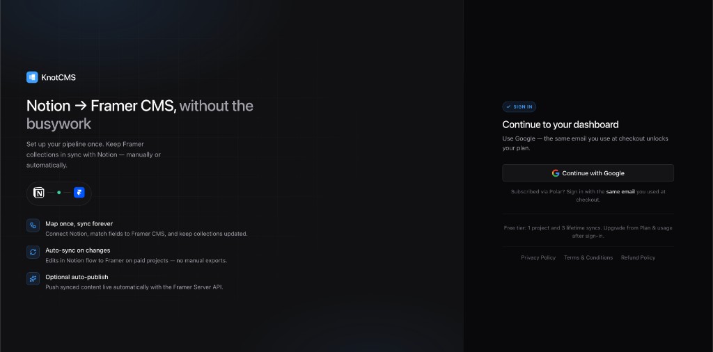 KnotCMS login page with Continue with Google button