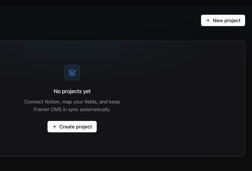 KnotCMS empty projects dashboard with Create project and New project buttons