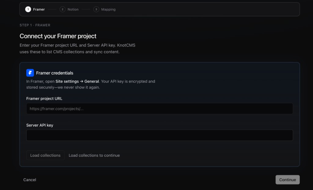 Setup wizard Framer step with project URL, Server API key, and Load collections