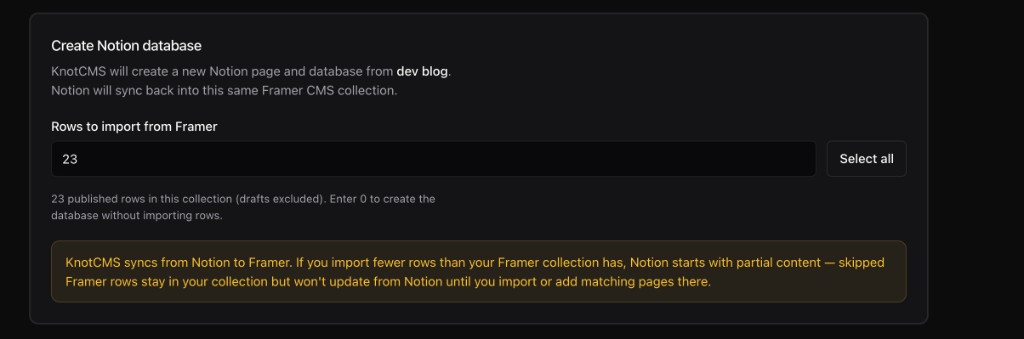 Create Notion database with rows selected and partial import warning