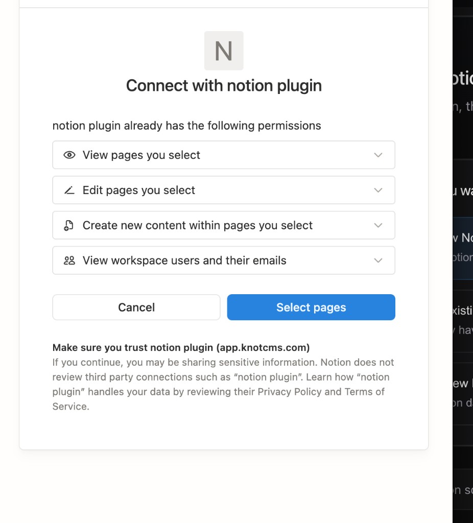 Notion OAuth prompt to connect with notion plugin