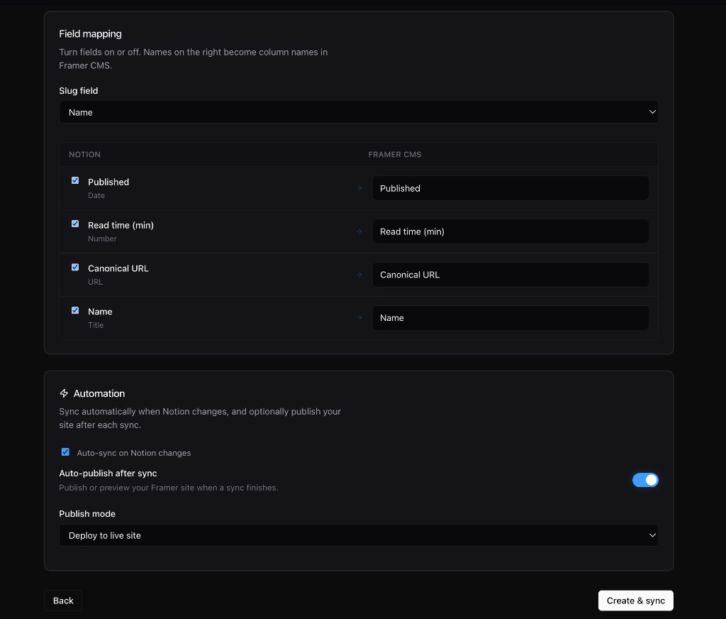 Field mapping, automation toggles, and Create and sync button