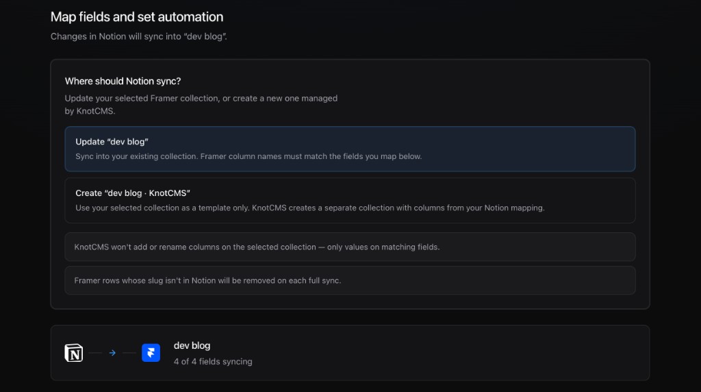 Where should Notion sync with Update collection selected
