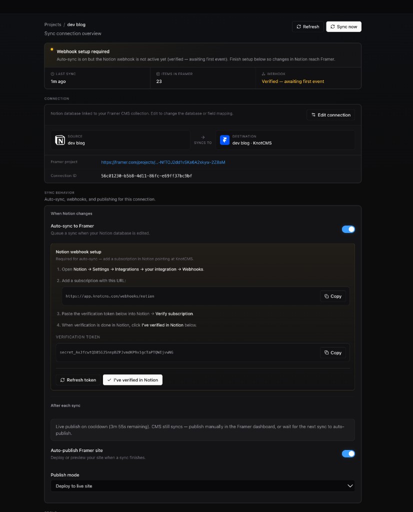 Project page with Webhook setup required before verification