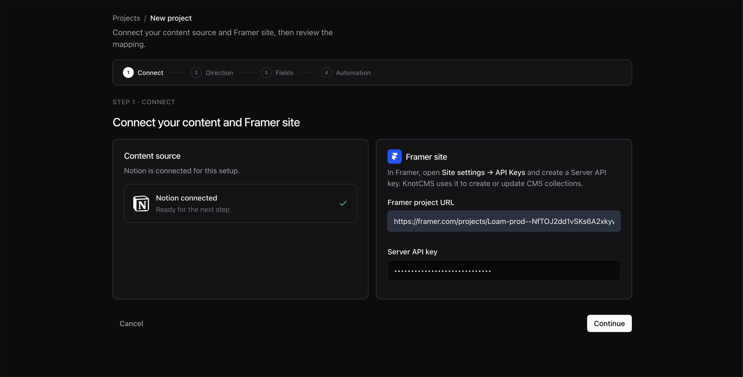 Connect step with Notion connected, Framer project URL, Server API key, and Continue