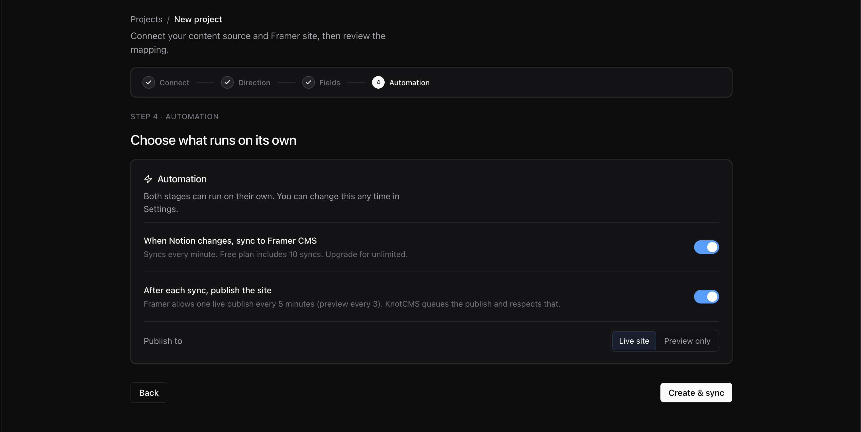 Automation step with auto-sync and auto-publish enabled, Live site selected, and Create and sync button