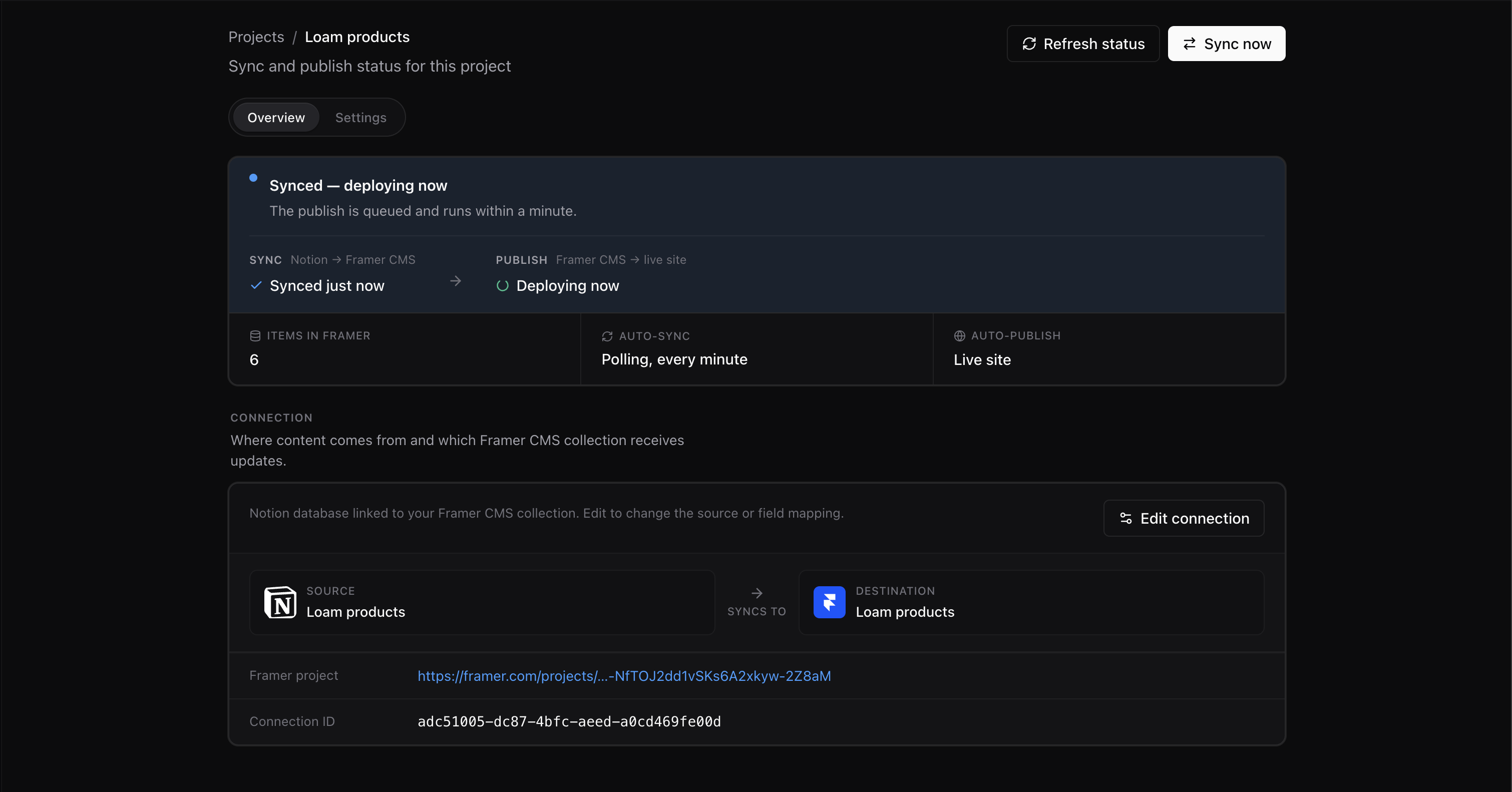 Project Overview showing Synced just now while the Publish stage says Deploying now