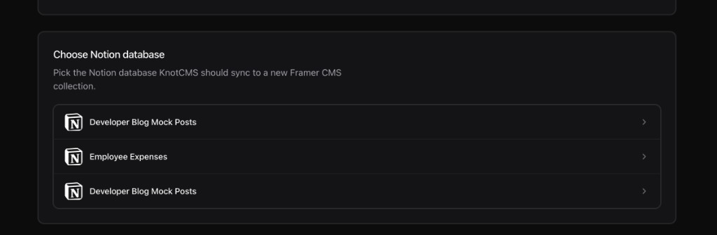 Choose Notion database after selecting the new Framer collection path