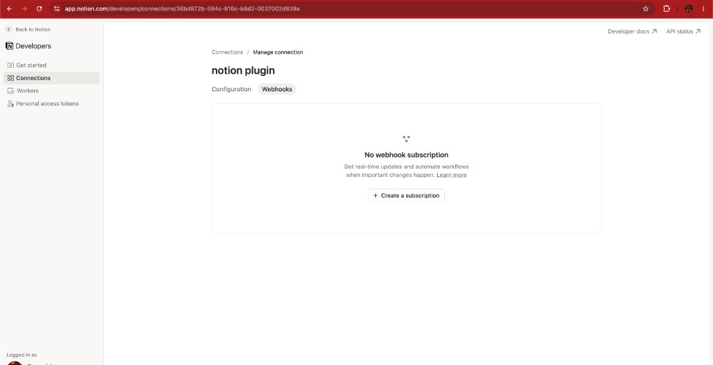 Notion integration Webhooks tab with Create a subscription button