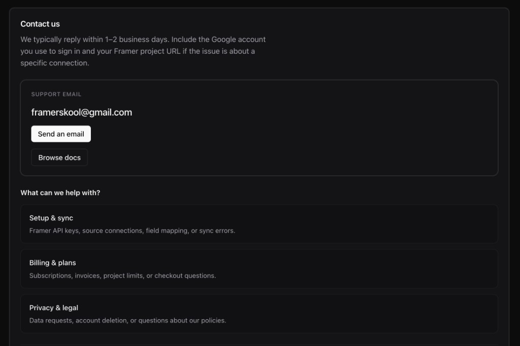Contact us section on Profile with support email and help topics
